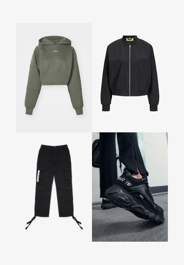 Čierna bombera s predným zipom, ribovanými manžetami a pásom. Obsahuje bočné vrecká a kontrastnú vnútornú etiketu. Hladká textúra látky.; Alpha Industries WAISTED HOODY - Mikina s kapucňou - dark olive; Pegador TANAMI WIDE PANTS - Kapsáče - black; Záber zblízka na osobu nosiacu čierne tenisky Buffalo s hrubými podrážkami, stojacu na šedej betonovej podlahe, s čiernymi nohavicami a batohom.