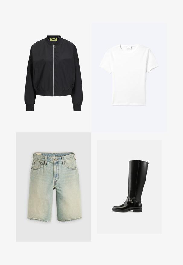 Veste bomber noire avec fermeture éclair sur le devant, poignets et taille côtelés. Dotée de poches latérales et d'une étiquette intérieure contrastante. Texture de tissu lisse.; T-shirt blanc uni à manches courtes et col rond avec une petite étiquette "WEEKDAY" à l'intérieur de l'encolure, présenté à plat sur un fond clair.; Shorts en denim bleu clair avec une coupe décontractée, cinq poches, fermeture à boutons sur le devant, et ourlet net. Texture usée avec un effet de décoloration subtil.; Bottes noires montantes en cuir verni, avec un détail de boucle argentée à la cheville et une conception à bout arrondi. Semelle plate.