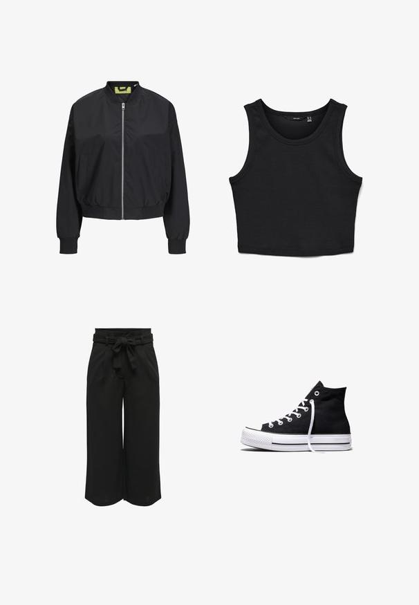 Chaqueta bomber negra con cremallera frontal, puños y cintura acanalados. Presenta bolsillos laterales y una etiqueta interior en contraste. Textura de tela suave.; Top corto negro de tirantes anchos, confeccionado en tejido acanalado. Presenta un escote redondo y un ajuste ceñido en toda la prenda.; Pantalones de pierna ancha negros, confeccionados en un tejido ligero, con un cinturón atado en la cintura y detalles de pliegues en la parte delantera para un ajuste estructurado.; Zapatilla alta de lona negra con suela de goma blanca y cordones blancos, vista de lado sobre un fondo blanco.