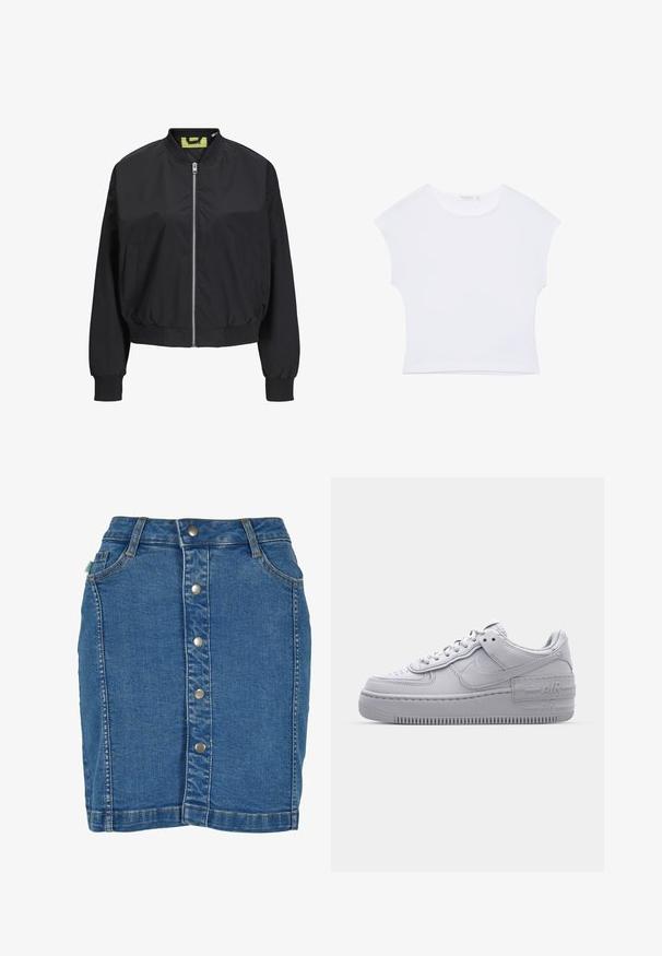 Zwarte bomberjack met een ritssluiting aan de voorkant, ribbel cuffs en een ribbel tailleband. Beschikt over zijzakken en een contrasterend binnenlabel. Soepele stofstructuur.; Witte cropped T-shirt met korte mouwen en een ronde hals, gemaakt van gladde stof, plat neergelegd op een witte achtergrond.; Denim rok met een sluiting aan de voorkant met knopen, een aansluitend ontwerp, lichtblauwe kleur en subtiele stiksels.; Grijze Nike Air Force 1 sneaker met geperforeerde neus, glad leren bovenwerk, dikke zool en verhoogde 'AIR' details op de hiel.