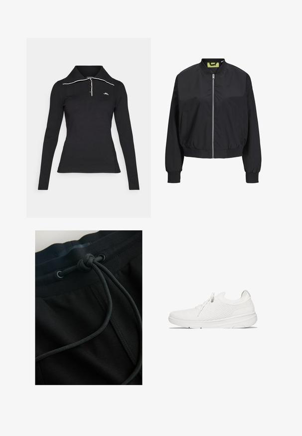 Zwarte bomberjack met een ritssluiting aan de voorkant, ribbel cuffs en een ribbel tailleband. Beschikt over zijzakken en een contrasterend binnenlabel. Soepele stofstructuur.; Zwart langemouwen poloshirt met een geribbelde textuur, drie-knopen sluiting en contrasterende witte kraagdetails. Logo geborduurd op de borst.; Zwarte joggerbroek met een tailleband met trekkoord en een gestructureerde stof, met de nadruk op vloeiende lijnen en een minimalistisch ontwerp.; Witte sportschoenen met een ademende gebreide bovenkant, ronde neus, elastische veters en een gevoerde zool. Heeft een gemêleerd meshdetail aan de zijkanten.