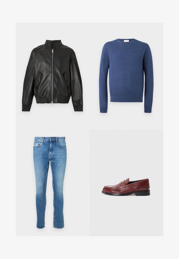 Sort læderjakke med høj krave, foran lynlås, to knaplukkelommer med klap, ribstrikkede manchetter og ribstrikket kant.; Blå langærmet crew neck trøje med ribkanter ved ærmer og kant, vist fladt på hvid baggrund.; Lyseblå denimjeans med slim fit. Har et traditionelt fem-lomme design og subtil forvitring nær knæene. Klassisk knaplukning.; Burgunderfarvet læder loafer med en glat finish, dekorativ søm og en rund tå. Har en lav sort hæl.