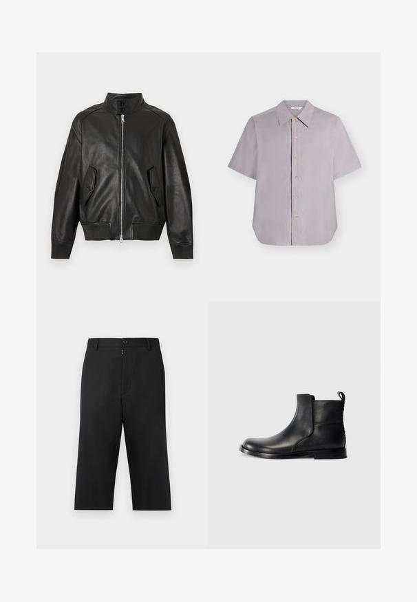 Veste en cuir noire avec col montant, fermeture éclair devant, deux poches à rabat boutonnées, poignets côtelés et ourlet côtelé.; Chemise à manches courtes gris clair avec boutons et col pointu, présentée à plat sur fond blanc.; Pantalon noir court en tissu lisse, avec fermeture éclair et bouton à l'avant, passants pour ceinture et poches latérales.; Botte de cheville en cuir noir avec bout rond, panneaux latéraux élastiques et dos texturé. Elle dispose d'une semelle en caoutchouc plate et d'une languette de traction.