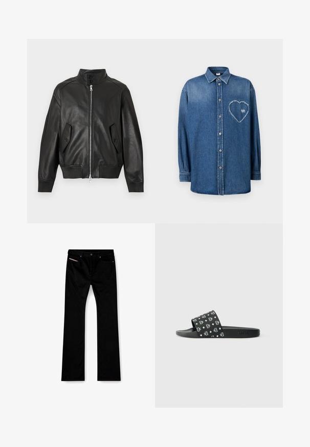 Sort læderjakke med høj krave, foran lynlås, to knaplukkelommer med klap, ribstrikkede manchetter og ribstrikket kant.; Blå denim langærmet skjorte med knapper foran, krave og frynset hjertepatch på venstre bryst.; Sorte straight-leg jeans med frontknap og lynlås, for- og baglommer samt en hvid etiket synlig i den højre forlomme.; Sort slidesandal med tekstureret fodseng og bred rem, der har hvide gentagne "MCM" logoer og diamantformer.