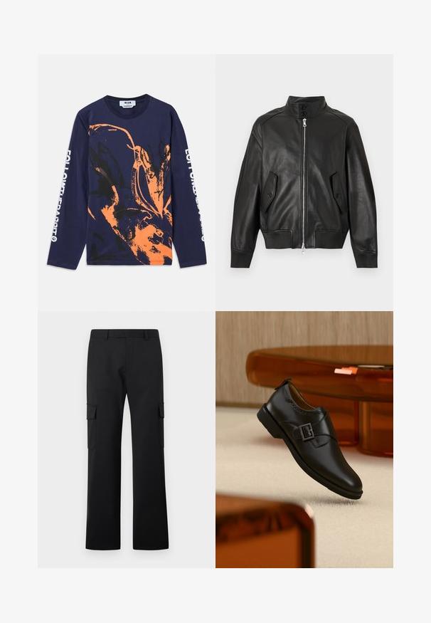Chaqueta de cuero negra con cuello alto, cremallera frontal, dos bolsillos con solapa abotonados, puños acanalados y dobladillo acanalado.; Camiseta de manga larga de color navy hecha de algodón, con un diseño abstracto en naranja y negro. El texto en la manga dice "SIGUE AL CONEJO."; Pantalones cargo negros de pierna recta con bolsillos laterales con solapa y trabillas para cinturón sobre fondo blanco liso.; Zapato monk de cuero negro con hebilla plateada, flotando sobre una alfombra beige con muebles translúcidos marrones al fondo.