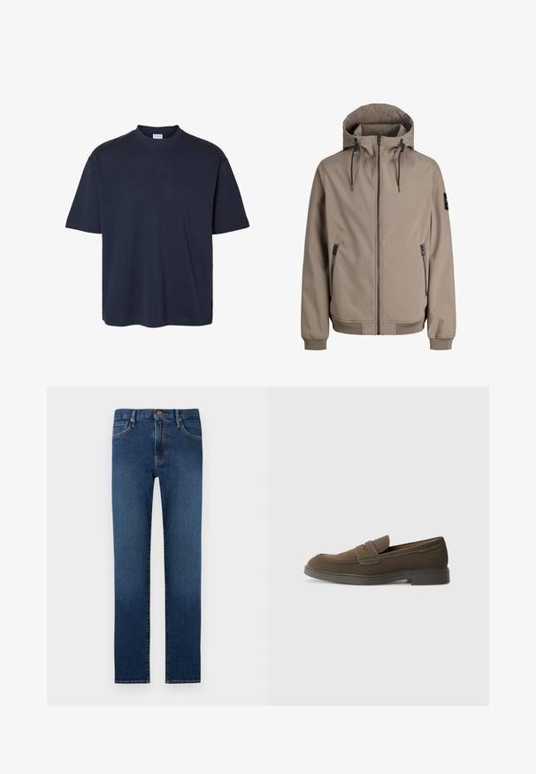 Beige hættejakke med lynlås foran, snoretræk i hætten, lynlåslommer i siden, ribstrikkede ærmeafslutninger og en sort lap på venstre ærme.; Plain mørk marineblå t-shirt med korte ærmer, rund hals og almindelig pasform, vist på en hvid baggrund.; Mørkeblå denimjeans med lige ben, fem lommer, knaplukning og kontrastsyninger.; Brune ruskinds loafers med en rund tå, en rem over forfoden og en flad gummisål. Enkel design med rene linjer og minimal dekoration.