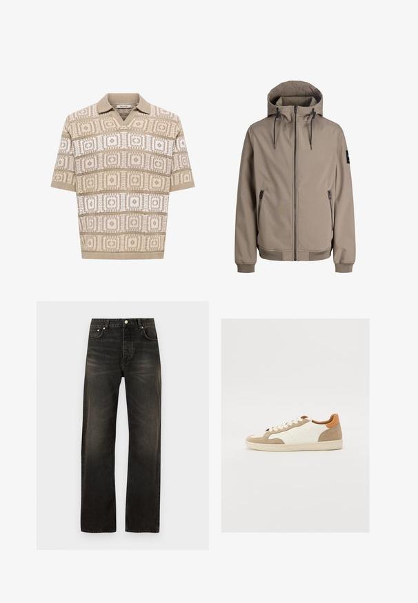 Veste à capuche beige avec fermeture éclair à l'avant, cordons sur la capuche, poches latérales zippées, poignets côtelés et un patch noir sur la manche gauche.; Polo en maille beige à manches courtes avec motifs géométriques carrés et losanges en beige et blanc, col et poignets côtelés.; Jean denim noir à jambes droites avec un effet délavé, fermeture avant par bouton et fermeture éclair, et design à cinq poches.; Baskets avec une tige en cuir crème, des accents en suède beige et un talon marron. Elles disposent de lacets plats et de perforations pour la respirabilité.