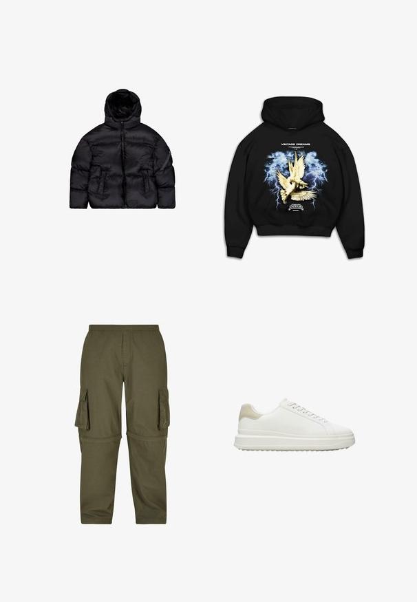 Schwarze Daunenjacke mit abnehmbarer Kapuze, Reißverschluss, zwei Fronttaschen und einer Reißverschlusstasche am Ärmel. Strukturmaterial, isoliert.; Schwarzer Kapuzenpullover mit einem grafischen Druck von Tauben vor einem stürmischen blauen Hintergrund mit Blitz. Der Text lautet "VINTAGE DREAMS."; Olivgrüne Cargo-Hosen aus leichtem Material, mit mehreren Seitentaschen, einem elastischen Bund und einem geraden Schnitt.; Weiße Sneakers aus glattem Leder mit einer texturierten, beigen Fersenapplikation, runden Schnürsenkeln, einem flachen Design und einer Gummisohle.