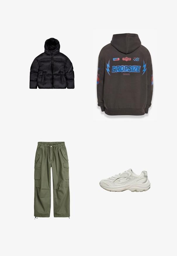 Doudoune noire avec capuche amovible, fermeture éclair, deux poches avant et une poche zippée sur la manche. Matériau texturé et isolé.; Sweat à capuche gris foncé avec un grand texte bleu "DROPSIZE" et des graphiques colorés. Comprend une capuche, des poignets côtelés et divers patchs imprimés.; Pantalons cargo vert olive avec une taille élastique, cordon de serrage, plusieurs poches latérales et des poignets fuselés. Fabriqués en coton durable.; Baskets blanches avec une tige texturée et une semelle épaisse. Elles présentent des lignes courbes, des accents gris subtils et un design à lacets.
