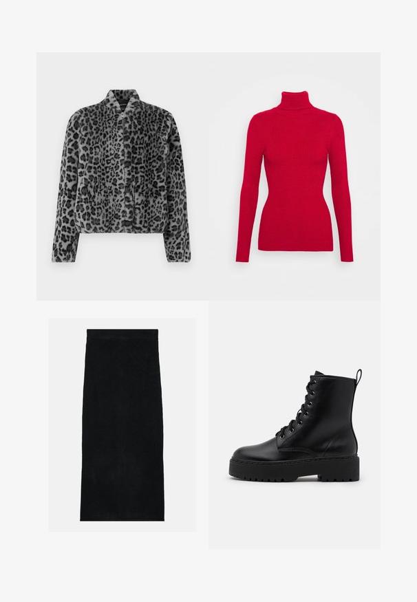 Grå leopardpræget faux fur jakke med et kort design, stående krave og frontlynlås. Teksturen er blød og fyldig med en glat finish.; Rød ribbet turtleneck sweater med lange ærmer, struktureret stof, tætsiddende silhuet og høj krave. Ingen synlige detaljer.; Sort frotté håndklædeskirt, der har en blød, tekstureret overflade og en tætsiddende talje. Designet er enkelt og ensartet uden mønstre eller detaljer.; Sort læder ankelstøvle med en tykk, tekstureret sål, rund tå og metaløjer til snørebånd. Har en løkke bagpå.