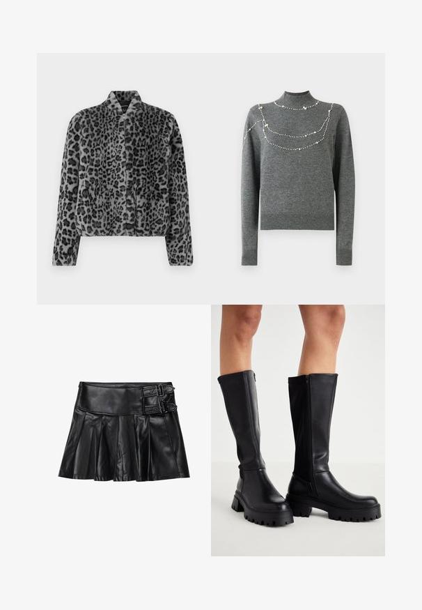 Veste en fausse fourrure à motif léopard gris, au design court, avec un col montant et une fermeture éclair devant. La texture est douce et moelleuse avec une finition lisse.; Pull en tricot gris avec un col montant et des manches longues. Il présente des motifs décoratifs en perles sur la poitrine de tailles différentes.; Jupe en cuir noir avec des plis, taille large et deux accents à boucle sur le côté. Texture lisse avec une finition brillante.; Cuissardes noires en simili cuir lisse avec une semelle épaisse, fermeture éclair sur le côté et bout arrondi.