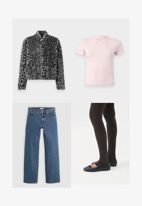 Grå leopardpræget faux fur jakke med et kort design, stående krave og frontlynlås. Teksturen er blød og fyldig med en glat finish.; Lyserød t-shirt med korte ærmer og rund hals, ensfarvet design, vist fladt mod en hvid baggrund.; Blå denim jeans med lige pasform, der har fem lommer, knaplukning og kontrastsyninger langs sømmene.; Ben iført mørke ribbede leggings kombineret med sorte balletsko med små sløjfedetaljer på hvid baggrund.