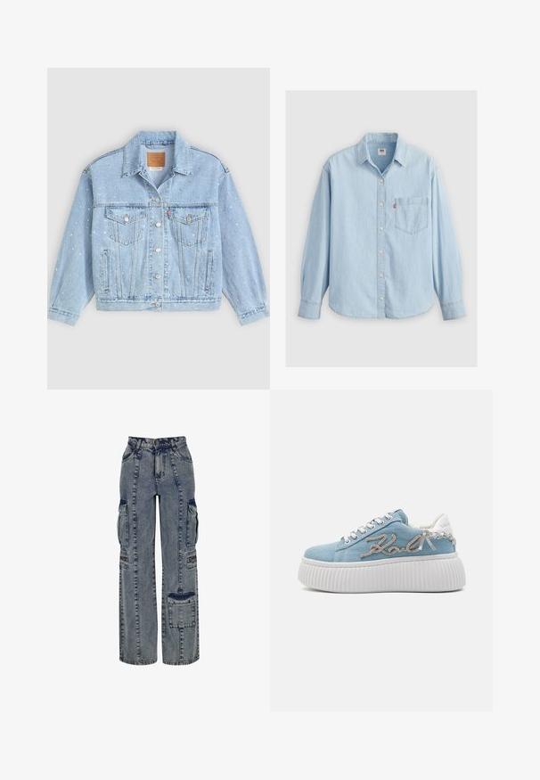 Lyseblå denimjakke med to forlommer, knaplukning og dekoreret med små sølvnitter over overfladen.; Lyseblå denimskjorte med spidse kraver, lange ærmer, knaplukning og en brystlomme med et lille logomærke.; Denim cargo bukser i lyseblå. Har vide ben, flere sidelommer og kontrasterende mørke denim detaljer. Struktureret med synlige sømme.; Blå denim platform sneakers med hvid gummisål, med sølv broderet logo og hvide accenter på hælen og snørområdet.