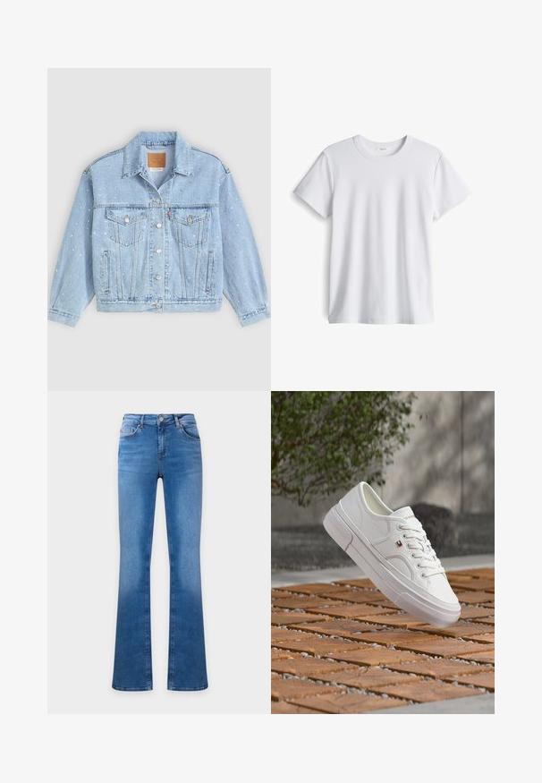 Lichtblauwe spijkerjack met twee voortassen, knoopsluiting en versierd met kleine zilveren studs over het oppervlak.; Witte katoenen t-shirt met een ronde halslijn en korte mouwen. Zachte textuur, rechte snit, geen zichtbare logo's of patronen.; Blauwe spijkerbroek met een hoge taille en uitlopende pijpen, met voor- en achterzakken en een knoopsluiting.; Witte leren sneaker met veters en een klein rood, wit en blauw logo, zwevend boven een patroon van hout en kiezelstenen buiten.