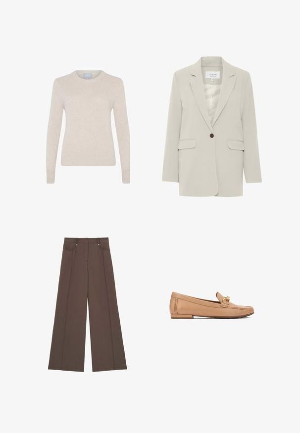 Lichtgrijze blazer met een notch-lapel, sluiting met één bruine knoop en twee voorzakken. Gemaakt van een gladde stof met een getailleerde pasvorm.; Style Republic Trui - sand; Wijdvallende broek in donkerbruin stof, met een vlakke taille, twee vo pockets, en subtiele stikdetails, met een soepele textuur.; Lichtbruine leren loafers met een goudkleurige hardware-accent, platte zool en gestikte details langs de zijkanten. Zachte textuur.