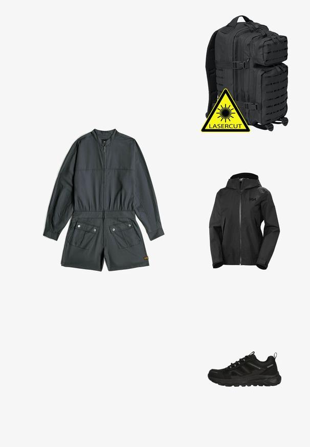 Zwarte waterdichte jas met capuchon, volledige ritssluiting aan de voorkant, zijzakken en verstelbare klittenbandmanchetten, met een klein logo op de borst.; Donkergrijze korte jumpsuit met lange mouwen, rits aan de voorkant, elastische taille en twee klepzakken met knopen aan de voorkant van de shorts.; Zwarte waterdichte sportschoen met een gestructureerde mesh bovenkant, rubberen zool, elastische veters en minimale reflecterende accenten voor zichtbaarheid.; Brandit BIG COOPER - Rugzak - black