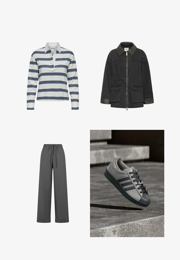Schwarze Jeansjacke mit kontrastierendem Lederkragen, Frontreißverschluss, zwei aufgesetzten Taschen und tailliertem Schnitt. Glatte Textur, lässiges Design.; Langarm-Poloshirt mit weißem Grund und horizontalen Streifen in Marineblau und Hellblau. Auffälliger weißer Kragen und weiche Baumwolltextur.; Graue, weite Hosen mit einem Kordelzugbund, aus einem glatten Stoff gefertigt, mit einem klaren Design und ohne sichtbare Muster oder Akzente.; Hellgrauer Sneaker mit drei dunkelgrauen Streifen, strukturiertem Lederupper, Gummizehenschutz und Metall-Branding an den Schnürsenkeln.