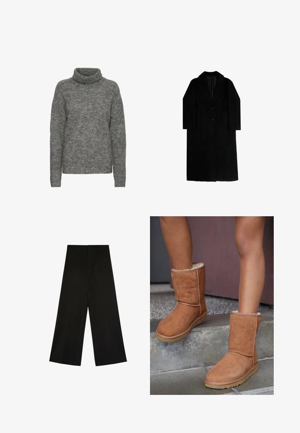 Lang sort frakke med et struktureret stof, bred krave, to forlommer og en enkelt knappelukning. Indvendigt foret med sort stof.; Grå turtleneck sweater lavet af blødt strikmateriale, med en afslappet pasform og lange ærmer med en subtil tekstur hele vejen igennem.; Sorte bukser med brede ben, knap- og lynlåslukning, bæltestropper og frontfolder, lagt fladt på en hvid baggrund.; Brune ruskind ankelstøvler med rund tå, blødt foer og gummisål, der har synlige stikninger langs sømmene.