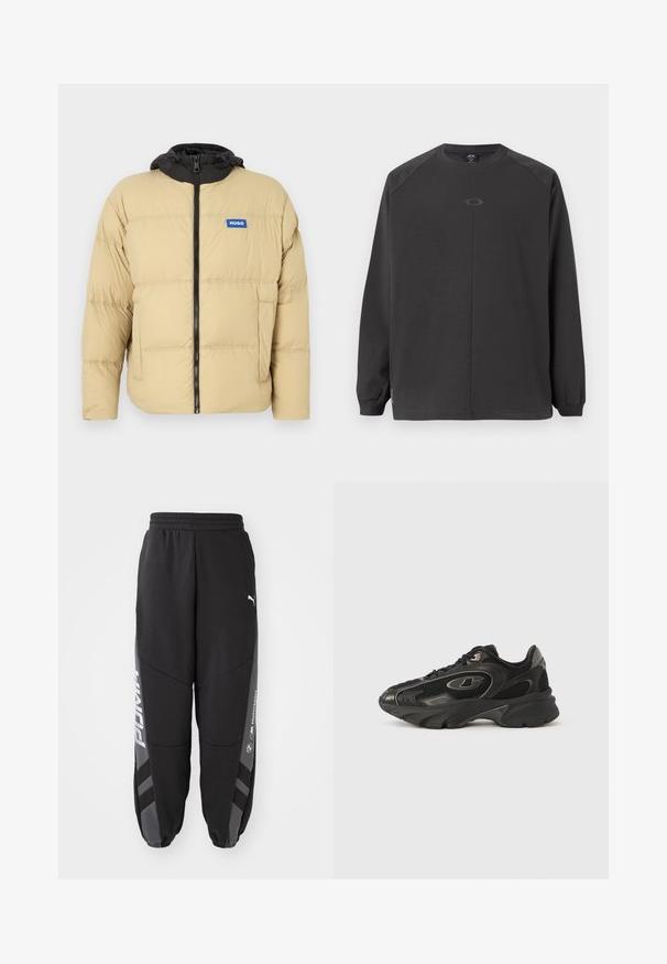 Beige polstret jakke med sort hætte, lynlås foran og logodetalje. Har quiltet tekstur og to sidelommer.; Mørkegrå langærmet skjorte lavet af blødt materiale, med raglanærmer og et simpelt logo i midten. Mansjetterne er elastiske.; Sorte joggebukser lavet af blødt materiale. Har elastisk talje, tapered ben, grå detaljer og hvide logoer på siderne.; Sorte atletiksko med mesh og syntetisk overdel, buet sål, polstret krave og subtile logoaccenter. Teksturerede detaljer på sidestykkerne.