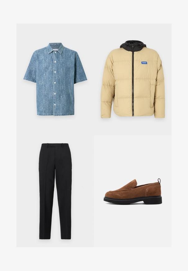 Beige gepolsterte Jacke mit schwarzer Kapuze, Frontreißverschluss und Logodetail. Verfügt über eine gesteppte Textur und zwei Seitentaschen.; Kurzärmeliges Hemd mit Knopfleiste aus blauem Denimstoff mit texturierter Oberfläche, ausgestattet mit einem klassischen Kragen und weißen Knöpfen.; Theory STRAIGHT - Stoffhose - deep black; Braune Wildleder-Slipper mit runder Zehenpartie, schwarzer Gummisohle und einem kleinen Absatz. Verfügt über eine dekorative Naht auf dem Obermaterial.