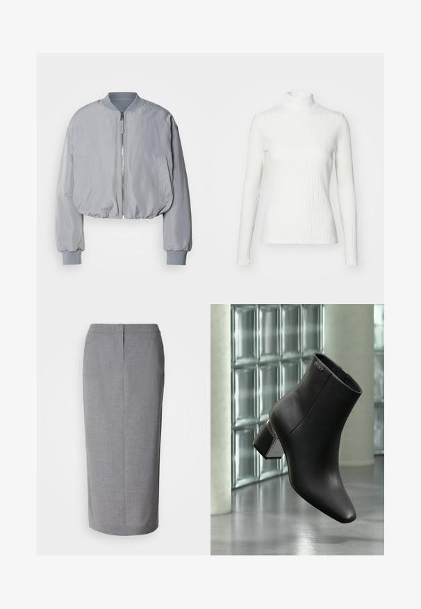 Afskåret lys grå bomberjakke med ribbet krave, lynlås foran, to sidelommer og elastiske manchetter og kant. Glat stofoverflade.; Hvid ribbet turtleneck blouse med lange ærmer, lavet af elastisk stof. Har et tætsiddende design og høj hals for god dækning.; Grå blyantskirt lavet af struktureret stof, med lige snit, bagslæb og skjult lynlås lukning bagpå.; Sort læderankelstøvle med blokhæl, DKNY-logo nær toppen, vist foran en glasblokvæg og poleret betongulv.