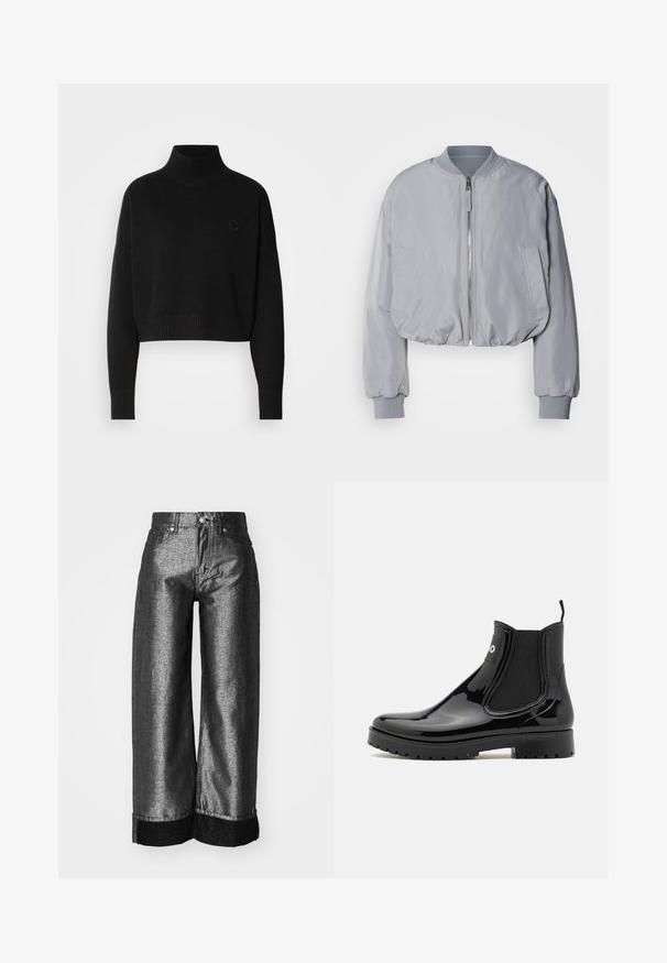 Afskåret lys grå bomberjakke med ribbet krave, lynlås foran, to sidelommer og elastiske manchetter og kant. Glat stofoverflade.; Sort cropped sweater, ribbede turtleneck, lange ærmer, strikket tekstur, med et lille logo på brystet.; Breddebenede jeans i metallisk mørkegrå denim med en glat tekstur. Har en sort denimmanchet og standard knap-og-lynlås lukning med bæltestropper.; HUGO TABITA - Gummistøvler - black