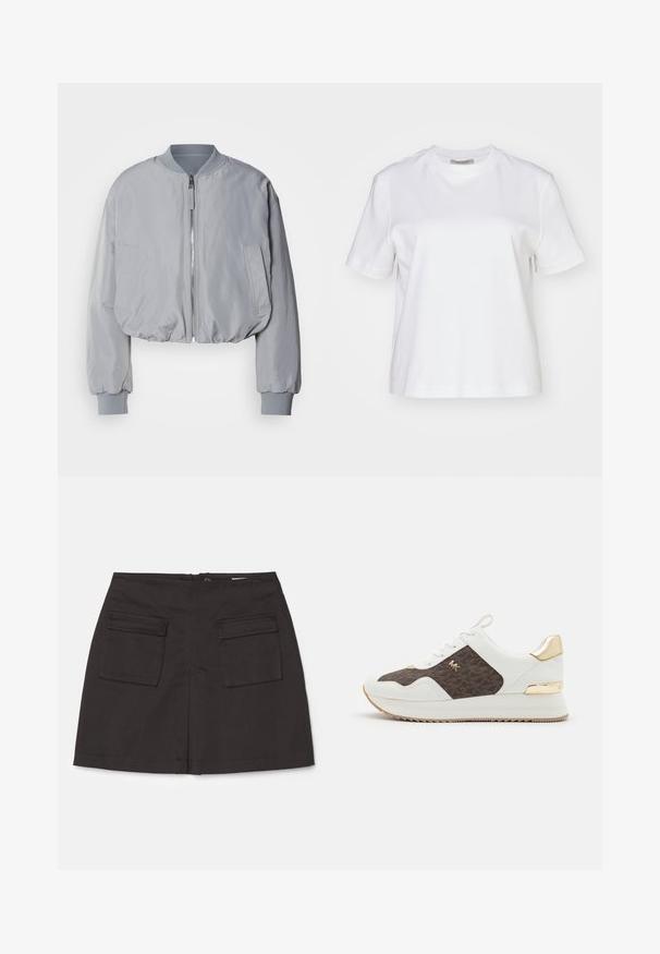 Veste bomber grise claire taillée avec un col côtelé, une fermeture éclair sur le devant, deux poches latérales et des poignets et un ourlet élastiques. Texture de tissu lisse.; AllSaints LISA TEE - T-shirt basique - white; Holzweiler CARO SKIRT - Minijupe - black; Baskets blanches avec un panneau en tissu à motif marron, accents en métal doré, bout rond, design à lacets et semelle en caoutchouc texturé.