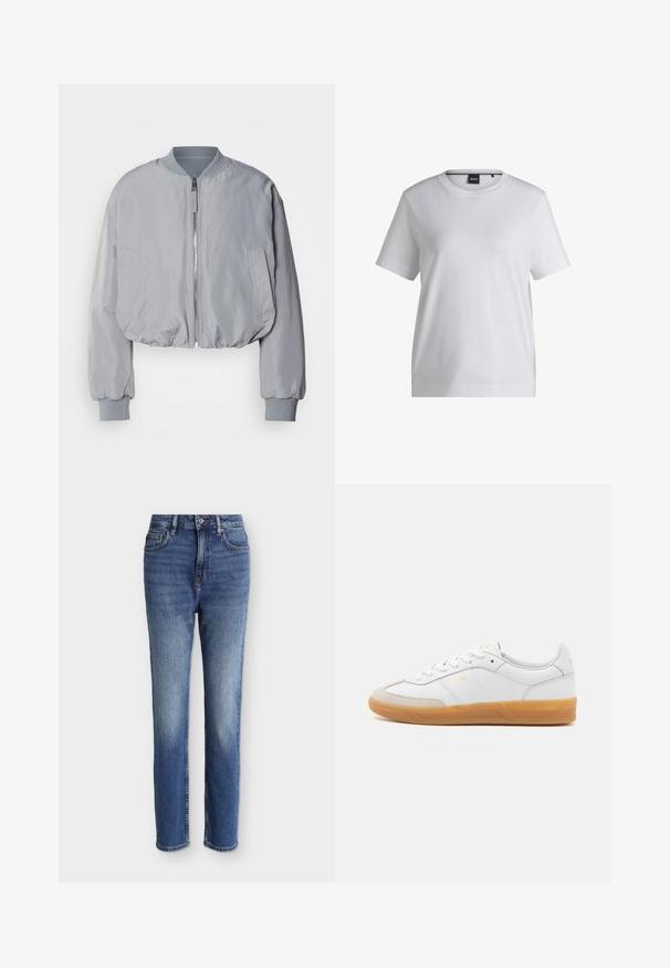 Veste bomber grise claire taillée avec un col côtelé, une fermeture éclair sur le devant, deux poches latérales et des poignets et un ourlet élastiques. Texture de tissu lisse.; T-shirt en coton blanc avec un col rond, des manches courtes et une coupe décontractée. Il présente une petite étiquette de marque près du col.; Jean bleu moyen taille haute à coupe droite avec poches avant, passants de ceinture, fermeture par bouton, et détails légèrement délavés sur les cuisses et les genoux.; Baskets en cuir blanc avec des accents en suédine beige, semelle en caoutchouc gomme et design à lacets. Présente un logo discret en doré.