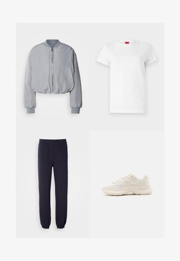 Veste bomber grise claire taillée avec un col côtelé, une fermeture éclair sur le devant, deux poches latérales et des poignets et un ourlet élastiques. Texture de tissu lisse.; T-shirt blanc à manches courtes en coton léger. Présente un col rond et des manches retroussées. Étiquette logo rouge sur le col.; Pantalons de survêtement navy avec une taille élastique et des ourlets resserrés. Fabriqués à partir d'un tissu doux avec une texture lisse, sans motifs ni embellissements visibles.; Baskets blanches de sport en tissu mesh texturé, semelle épaisse et rembourrée, fermeture à lacets, vues de côté sur fond uni.