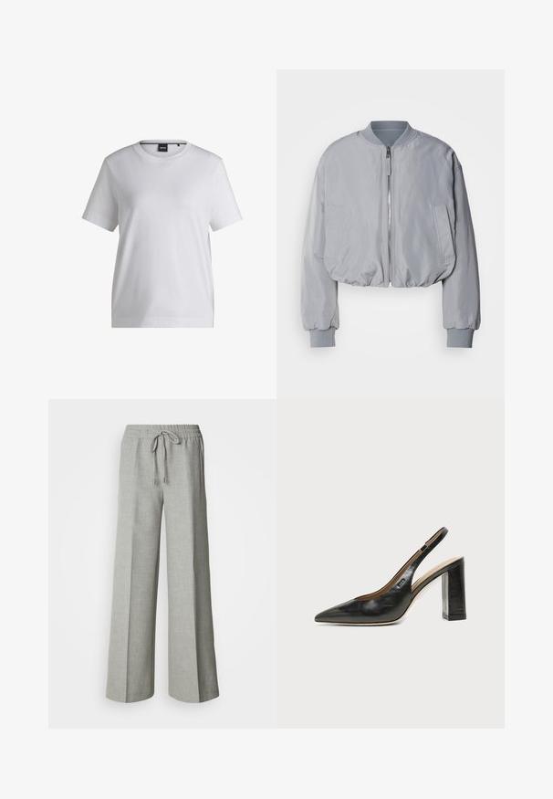 Chaqueta bomber de color gris claro, recortada, con cuello acanalado, cierre de cremallera en la parte frontal, dos bolsillos laterales y puños y dobladillo elásticos. Textura de tela suave.; Camiseta de algodón blanca con cuello redondo, mangas cortas y un corte relajado. Presenta una pequeña etiqueta de la marca cerca del cuello.; Pantalones anchos de pierna recta en gris claro con cintura elástica y cordón, bolsillos delanteros y una tela con textura sutil.; Zapato slingback de piel negra con puntera puntiaguda, tacón alto y ancho, y forro interior beige sobre un fondo claro y liso.
