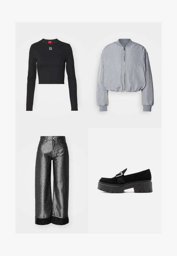 Veste bomber grise claire taillée avec un col côtelé, une fermeture éclair sur le devant, deux poches latérales et des poignets et un ourlet élastiques. Texture de tissu lisse.; Top court à manches longues noir en tissu lisse, avec un col rond et un logo "HUGO" blanc au centre de la poitrine.; Jeans à jambes larges en denim gris métallique foncé avec une texture lisse. Comprend un revers en denim noir et une fermeture à bouton classique avec passants de ceinture.; Mocassin en daim noir avec semelle à crampons épaisse, détail boucle argentée et inscription "HUGO" en relief sur la lanière latérale, vu de côté extérieur.