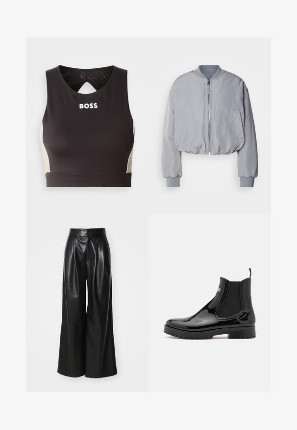 Veste bomber grise claire taillée avec un col côtelé, une fermeture éclair sur le devant, deux poches latérales et des poignets et un ourlet élastiques. Texture de tissu lisse.; Crop top de sport noir avec un dos en clé, présentant l'inscription "BOSS" en blanc et des accents beige sur les côtés. Fabriqué en tissu extensible et lisse.; Pantalons large en faux cuir noir, taille haute, avec un devant plissé et une texture lisse. Caractéristiques d'un design épuré et minimaliste.; HUGO TABITA - Bottes en caoutchouc - black