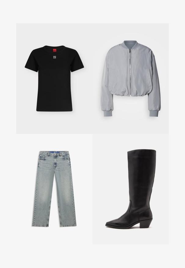 Veste bomber grise claire taillée avec un col côtelé, une fermeture éclair sur le devant, deux poches latérales et des poignets et un ourlet élastiques. Texture de tissu lisse.; T-shirt noir à manches courtes avec col rond et logo blanc "HUGO" centré près du col, étiquette rouge à l'intérieur de l'encolure.; Jean large bleu clair en denim, avec des zones délavées, cinq poches et une ceinture bleue à logo.; Botte en cuir noire mi-mollet avec un bout pointu et un talon bas incliné sur un fond clair uni.