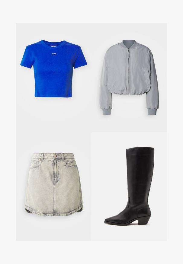 Afskåret lys grå bomberjakke med ribbet krave, lynlås foran, to sidelommer og elastiske manchetter og kant. Glat stofoverflade.; Blå cropped t-shirt lavet af ribbet bomuld. Har en rund halsudskæring og et lille hvidt logo-label på brystet. Korte ærmer.; Denim nederdel i lys grå med en falmet tekstur, der har en knappet talje, forlommer og en let buet sømdesign.; Sort læderstøvle til midtkalv med spids tå og lavt skråt hæl på en enkel lys baggrund.