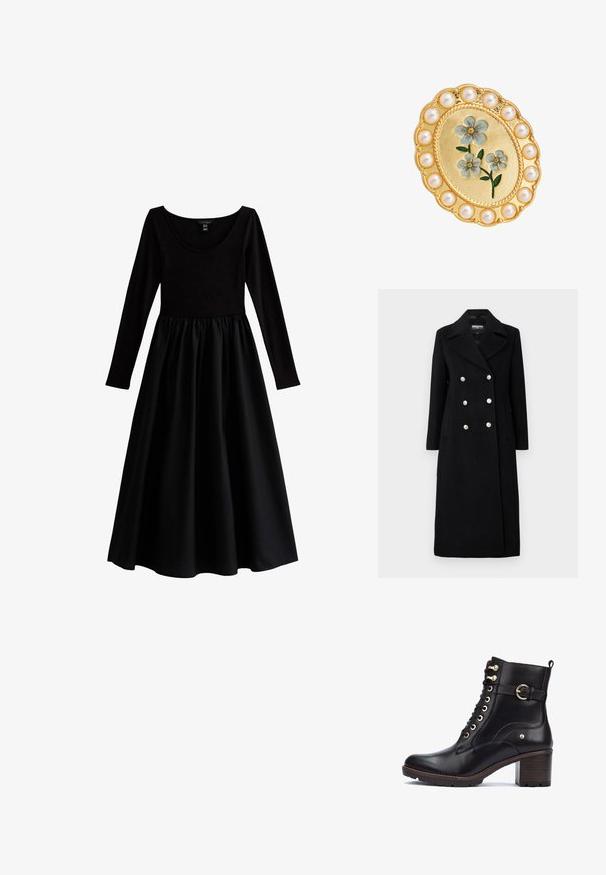 Abrigo de mezcla de lana negro, de doble botonadura, con un amplio cuello, botones plateados, mangas largas y bolsillos laterales.; Vestido negro con un top ajustado de manga larga, escote redondeado y una falda fluida y fruncida. Hecho de una tela suave con un acabado mate.; Botas de tobillo de cuero negro con herrajes dorados, punta redonda, diseño de cordones y un tacón grueso con acabado de madera. Presenta un acento de correa lateral.; Broche ovalado de oro con flores de esmalte azul en el centro, rodeado por un borde de perlas blancas redondas.