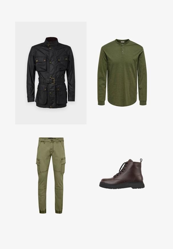 Sort vokset bomuldsjakke med høj krave, fire frontlommer, bælte i taljen og gyldne hardwaredetaljer. Glat tekstur og struktureret design.; Olivengrøn langærmet skjorte med henley-halsudskæring, tre knapper og buet kant. Fremstillet af blødt, tekstureret stof med tætsiddende manchetter.; Oliven grønne cargo bukser lavet af en bomuldsblanding, med flere lommer, tapered ben og elastiske manchetter for et tæt fit.; Brun læder ankelstøvle med rund tå, snørebåndsdesign, sort gummisål og trækstrop ved hælen. Glat overflade og minimale syninger.