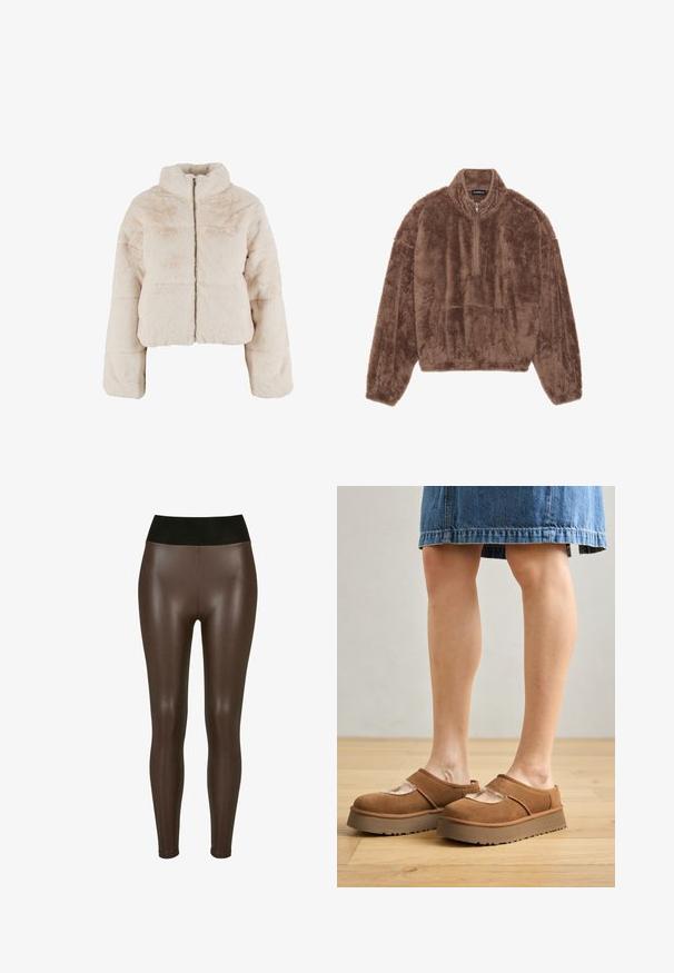 Gefütterte kurz geschnittene Jacke aus weichem Beige mit hohem Kragen, vollem Reißverschluss und weitem Ärmeln mit elastischen Bündchen.; Brauner, flauschiger Pullover aus weichem Material, mit einem Viertel-Reißverschluss-Kragen, langen Ärmeln und einer Fronttasche. Strukturiertes, warmes Design.; Braune leggings aus Kunstleder mit einem hohen schwarzen Bund, die eine glatte, glänzende Oberfläche und ein eng anliegendes Design bis zum Knöchel aufweisen.; Braune Wildleder-Plateauschuhe mit abgerundetem Zehenbereich, Cut-out-Details und einer stabilen Sohle, kombiniert mit einem Jeansrock auf einem Holzboden.