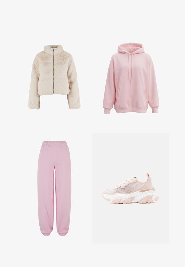 Veste cropped en fausse fourrure beige doux, dotée d'un col montant, d'une fermeture éclair avant intégrale et de manches larges avec des poignets élastiqués.; Sweat à capuche oversize rose doux avec poche kangourou à l'avant, capuche avec cordon de serrage et poignets et bas côtelés.; Urban Classics Pantalon de survêtement - softpink; Baskets épaisses en rose pâle avec tissu en mesh, motif floral, sequins, semelle blanche épaisse avec bande de roulement rose, et fermeture à lacets.