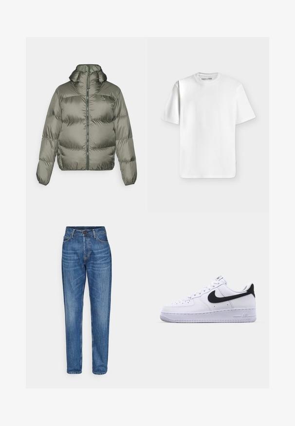 Doudoune en vert olive, avec un col montant, une fermeture éclair à l'avant et des poignets élastiques. Design légèrement matelassé avec un détail de marque subtil.; T-shirt blanc uni à manches courtes et col rond, posé à plat sur un fond gris clair avec une petite étiquette de marque à l’intérieur du col.; Jean en denim bleu avec une coupe droite, taille haute, poches avant et fermeture à un seul bouton. Lavage moyen avec un léger délavage.; Sneaker en cuir blanc avec un Swoosh noir texturé, des lacets plats et une semelle en caoutchouc avec un motif strié. "AIR" est embossé sur le talon.