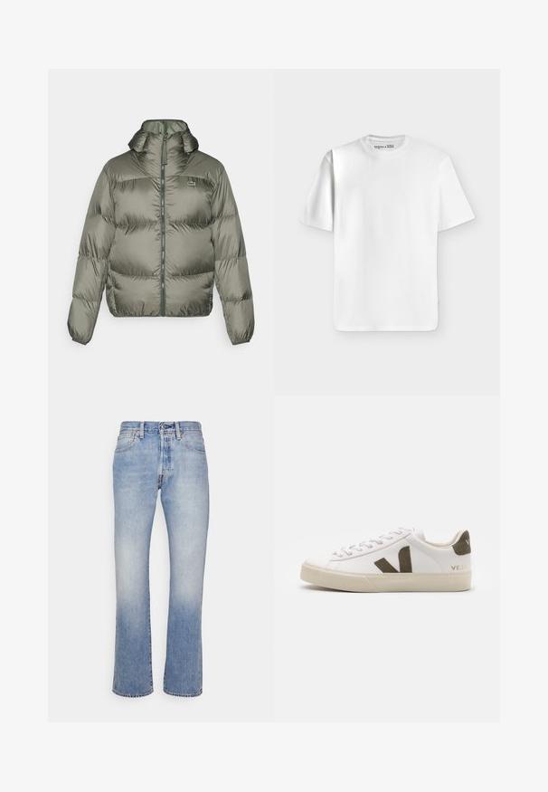 Doudoune en vert olive, avec un col montant, une fermeture éclair à l'avant et des poignets élastiques. Design légèrement matelassé avec un détail de marque subtil.; T-shirt blanc uni à manches courtes et col rond, posé à plat sur un fond gris clair avec une petite étiquette de marque à l’intérieur du col.; Jean bleu clair droit avec lavage délavé, design cinq poches, fermeture par bouton et passants de ceinture sur fond blanc.; Baskets en cuir blanc avec une semelle en caoutchouc beige clair. Présentent un logo en V en daim marron et une languette de talon. Fermeture à lacets avec une surface texturée.