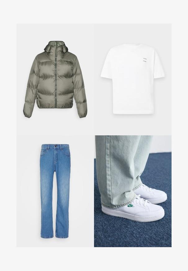 Olivengrüner Puffer-Jacke mit hohem Kragen, Reißverschluss vorne und elastischen Bündchen. Leicht gesteppter Design mit dezentem Branding-Detail.; Weißes Baumwoll-T-Shirt mit lässiger Passform, kurzen Ärmeln und V-Ausschnitt. Verfügt über zwei kleine schwarze gedruckte Logos auf der linken Seite.; Denim Project DPMMR LOOSE - Loose Jeans - blue denim wash; Weiße Leder-Sneaker mit grünem Nike-Logo, runde Zehenpartie, flache Sohle, kombiniert mit hellblauen Jeans, präsentiert auf einem blauen Teppich.