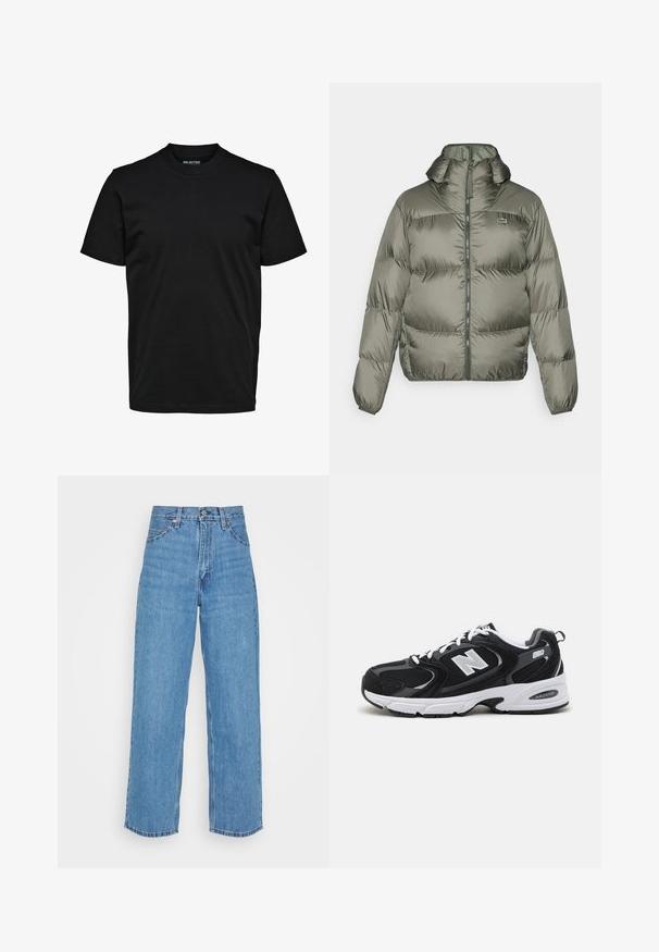 Puffjakke i olivengrøn med høj krave, lynlås foran og elastiske manchetter. Let quiltet design med diskret brandingdetalje.; Simpel sort T-shirt med korte ærmer, rund hals og almindelig pasform uden synlige mønstre eller logoer.; Lysblå denimjeans med høj talje og vid pasform. Funktioner inkluderer fem lommer, metalknaplukning og lige søm.; Sorte og grå sportssko med mesh og ruskind på overdelen, der har en hvid mellemsål, snørebånd og et iøjnefaldende "N" logo på siden.