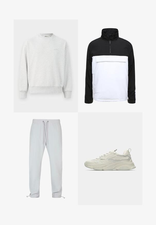 Zwart-wit pullover jack met een hoge kraag, een rits aan de voorkant en een grote voork pocket. Gemaakt van lichte stof met een gladde afwerking.; Grijze sweatshirt met een ronde hals, geribbelde mouwen en zoom. Gemaakt van een zachte stof, met een klein logo op de borst.; Lichtgrijze elastische broeken met tailleband en trekkoordsluiting, taps toelopende pijpen en verstelbare manchetten. Gladde textuur, eenvoudig ontwerp, geen patronen.; Stevige witte sneaker met mesh accenten, textuurrubberen zool en afgeronde vorm. Voorzien van minimale branding en een trekkoord aan de hiel.