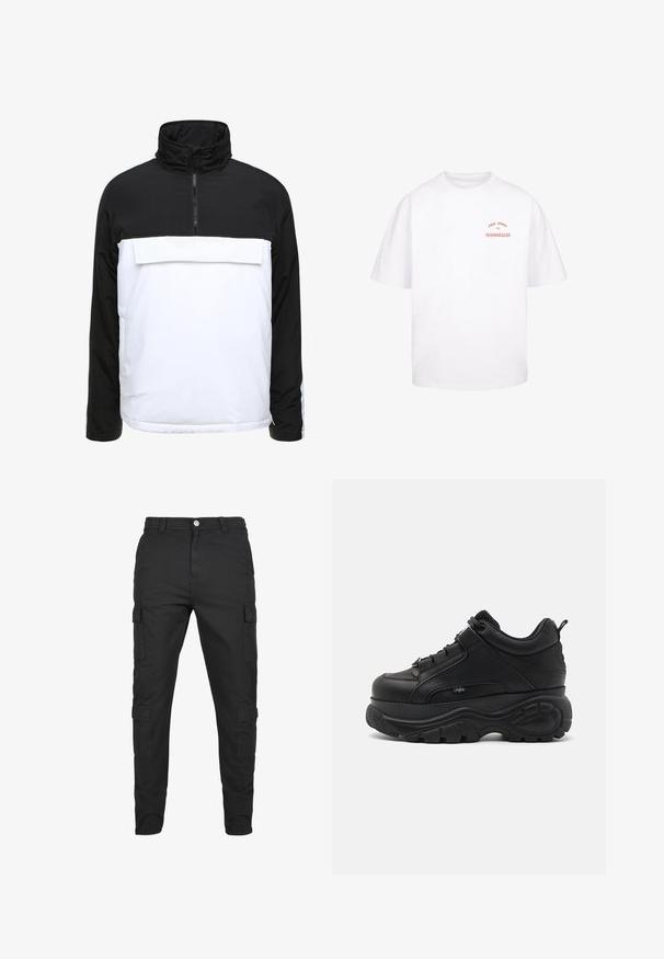 Schwarz-weißer Pullover mit hohem Kragen, Reißverschluss vorne und großer Fronttasche. Hergestellt aus leichtem Stoff mit glatter Oberfläche.; Weißes Baumwoll-T-Shirt mit entspannter Passform. Verfügt über kurze Ärmel und einen runden Ausschnitt. Der orangefarbene Schriftzug "FREE SPIRIT 2021 M.GONZALES" ist grafisch dargestellt.; Schwarze Cargo-Hosen aus strapazierfähigem Stoff. Verfügt über mehrere Seitentaschen, einen Knopfverschluss und ein tailliertes Bein-Design. Flacher Frontschnitt, keine Muster.; Schwarze Leder-Chucksneaker mit dicker Gummisohle, schlankem Design und strukturierten Akzenten. Verfügt über Schnürsenkel und eine Zuglasche an der Ferse.