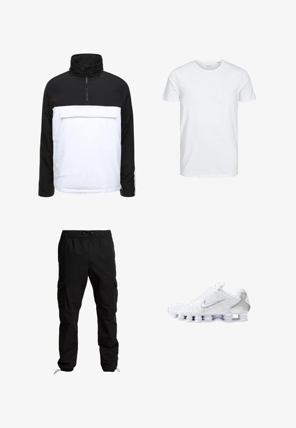 Zwart-wit pullover jack met een hoge kraag, een rits aan de voorkant en een grote voork pocket. Gemaakt van lichte stof met een gladde afwerking.; Ronde hals kortemouwen t-shirt in effen wit, gemaakt van zachte katoen, heeft een eenvoudig ontwerp zonder zichtbare patronen of accenten.; Zwarte cargobroek van duurzaam materiaal, met een elastische tailleband, verstelbare trekkoorden en zijzakken met kleppen.; Witte sportschoenen met een gestructureerd bovenwerk, een zilveren swoosh-logo, meshpanelen en een opvallende gesegmenteerde witte zool.