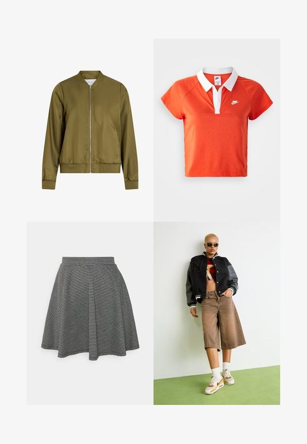 Olijfgroene bomberjack gemaakt van glad, glanzend materiaal. Heeft een ronde hals, ritssluiting aan de voorkant en aansluitende manchetten met een ribgebreide zoom.; Oranje poloshirt met een witte kraag, korte mouwen en wit Nike-logo op de linkerborst. Gemaakt van een zachte katoenen mix.; Zwart-witte geblokte skaterrok met een strakke tailleband en een uitlopende zoom, gemaakt van textuurstof die een klassiek patroon toont.; Persoon met kort blond haar, die een zonnebril, een zwarte varsityjack, een grafisch crop-top, een bruin wijde korte broek en witte Nike-sneakers draagt, staat op een groene vloer.