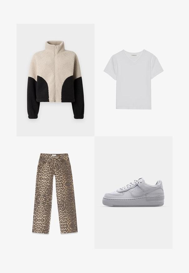 Tofarvet beige og sort fleecejakke med høj krave, hel lynlås foran og lange ærmer på hvid baggrund.; Hvid kortærmet V-hals t-shirt lavet af ribbet stof. Har et rent design med en lige kant og minimal detaljer.; Leopardskindede denimjeans med en neutral beige og brun farvepalet, lige ben-design og traditionelle lomme-detaljer.; Grå Nike Air Force 1 sneakers med perforeret tå, glat læderoverdel, tyk sål og præget 'AIR' detalje på hælen.