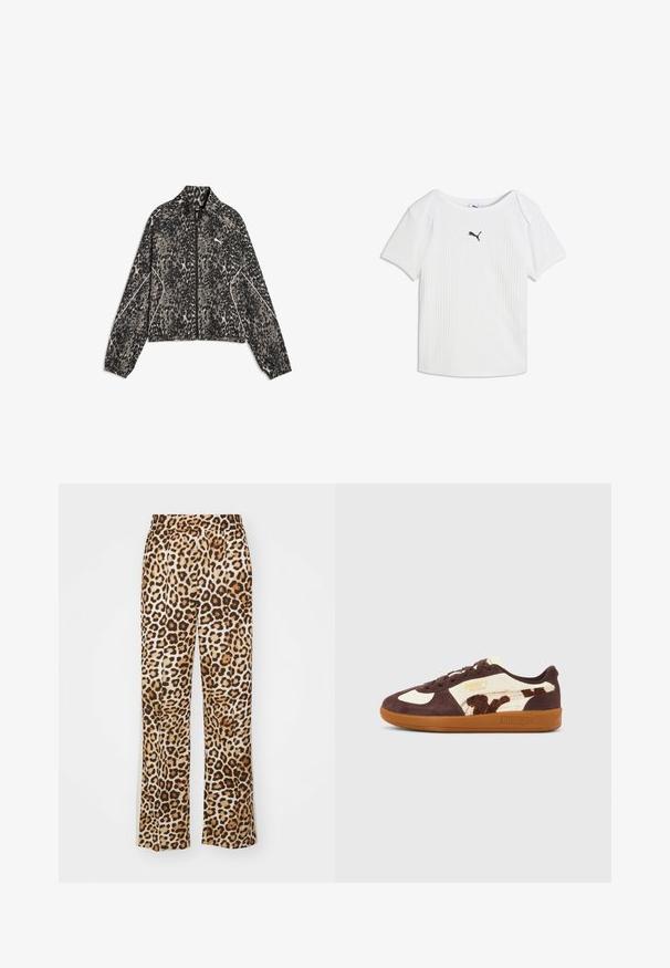 Langærmet jakke med lynlås med gråt og sort leopardprint og hvide kantdetaljer på foran og ærmer.; Hvid ribstrikket T-shirt med korte ærmer, rund halsudskæring og et lille sort Puma-logo i midten af brystet.; Leopardprint bukser lavet af blødt stof, med en afslappet pasform, vide ben og en elastisk talje i beige og brune nuancer.; Brun og cremefarvet Puma Palermo-sneaker med gummisål og dyreprintdetalje på siden, vist i profil på neutral baggrund.