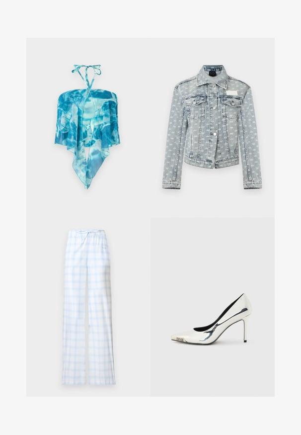 Veste en jean bleu clair avec un imprimé logo blanc partout, fermeture boutonnée devant, deux poches poitrine à rabats et col classique.; Haut dos nu à teinture bleue avec tissu transparent et ourlet pointu en forme de mouchoir, suspendu sur un fond blanc.; Pantalon de pyjama à carreaux bleu clair et blanc avec taille élastique et cordon de serrage, présenté sur un fond blanc uni.; Escarpin à talon haut pointu en métal argenté avec talon aiguillon fin et logo "Versace Jeans Couture" sur la pointe.