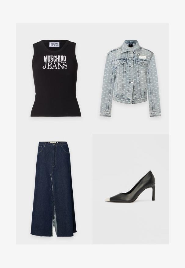 Hele sinine teksajakk väikeste valgete logode trükiga üle kogu pinna, ees nööbitav, kaks rinnataskut flappidega ja klassikalise kraega.; Must mustriga tank top, millel on valge silmus "MO5CH1NO JEANS". Keha lähedane lõige, ümmargune kaelus ja ilma varrukateta disain.; Tume sinine teksaskleit, millel on esine lõhk. Omab traditsioonilist viie tasku disaini ja nähtavaid tikandi detaile. Äär on kulunud.; Mustast nahast kõrge kontsaga king terava varba ja metallik hõbedase otsikuga. Iseloomustab sile viimistlus ja sihvakas 10 cm konts.
